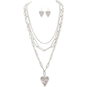 Silver Chain Links Heart Necklace Set