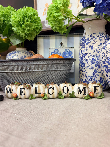 White Welcome Pumpkins