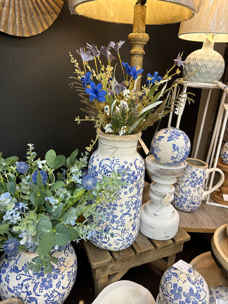 Fabric Flower Bush - Navy, Blue, & Off White