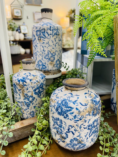 Blue/Cream Print Floral Vase (3 sizes)