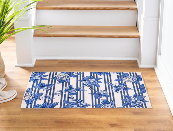 Chinoiserie Bow Blue Floral Strip Washable Mat