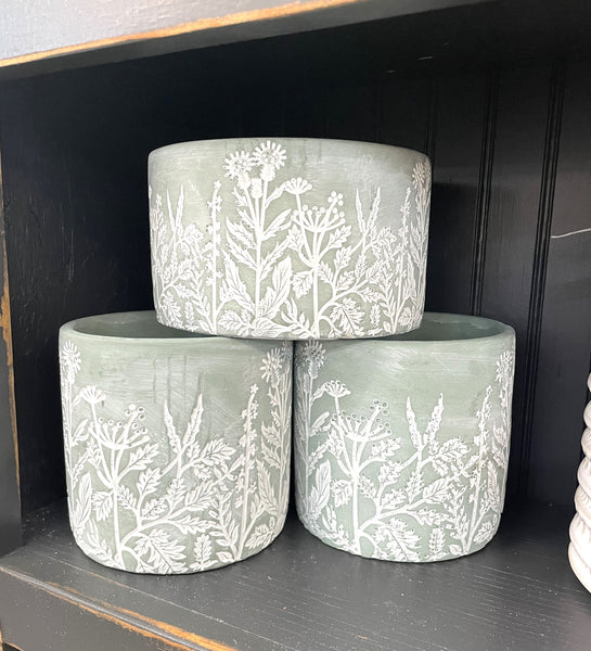 Cement Flower Print Pot - sage green