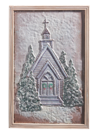 Snowy Chapel Embossed Metal Frame Art