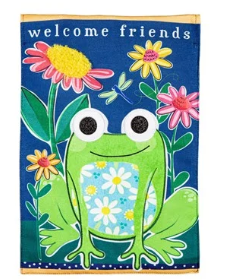 Welcome Friends Frog Burlap Flag