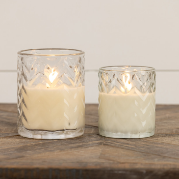 CHEVRON GLASS 3D FLAME CANDLE (Ivory, Charcoal, Amber)