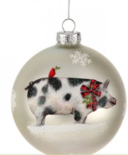 GLASS CHRISTMAS PIG BALL ORNAMENT