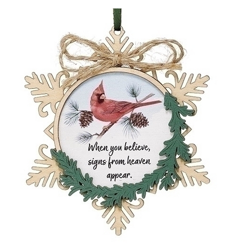 WOOD CARDINAL SNOWFLAKE ORNAMENT