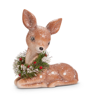 Retro Sitting Deer with Wreath