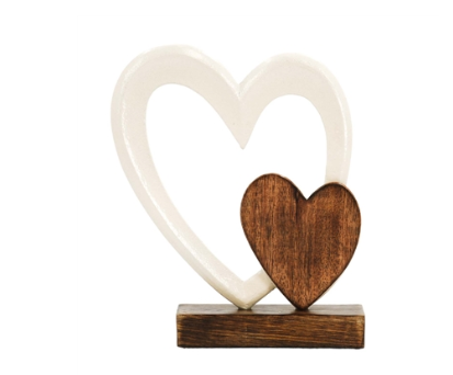 Wood and White Metal Heart on Stand