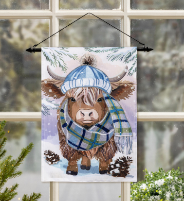 Winter Highland Cow Applique Flag