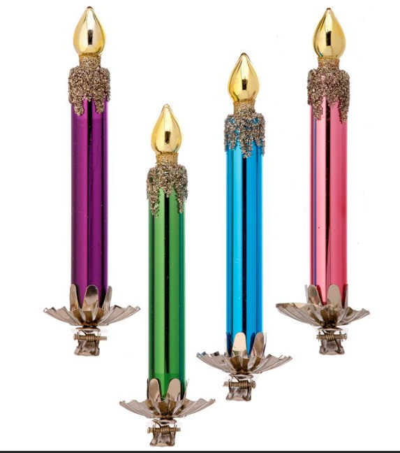 GLASS RETRO CANDLE ORNAMENT W/CLIP