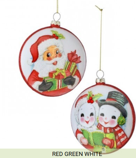 GLASS SANTA/SNOWMAN RETRO DISC ORNAMENT
