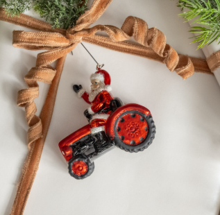 SANTA ON RED TRACTOR ORNAMENT