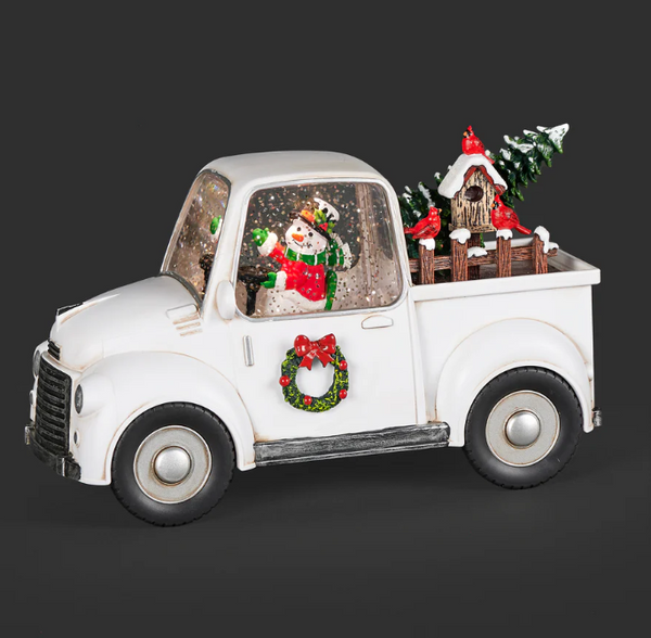Confetti Lites Lighted Swirl White Truck with Snowman Driving & Cardinals