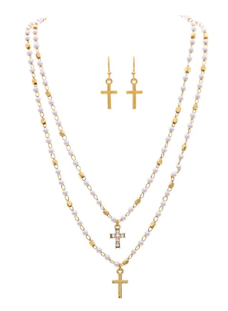 Faux Pearl Cross Charm Necklace Set