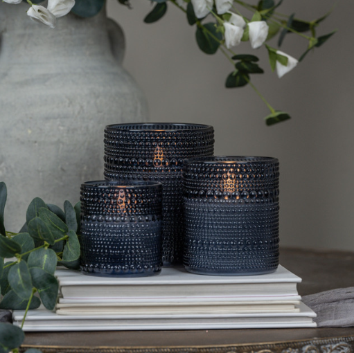 Navy Dotted Glass 3D Flame Candle
