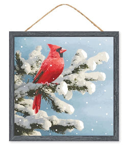 Cardinal on Snowy Branch Hanging Sign