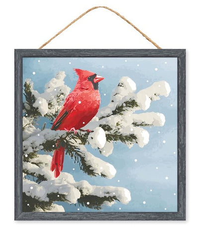 Cardinal on Snowy Branch Hanging Sign