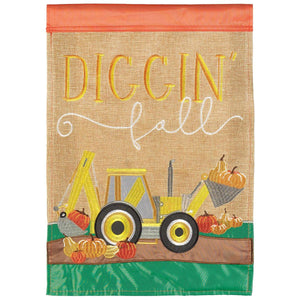 Diggin' Fall Backhoe Burlap Flag