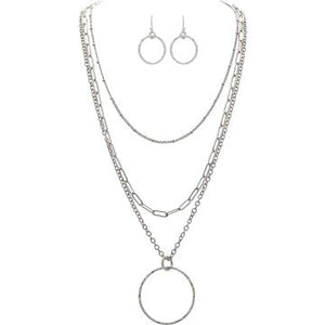 Silver Circle Pendant 3 Chain Necklace Set
