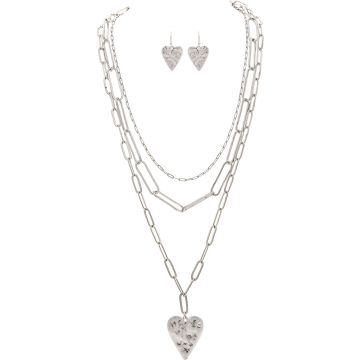 Silver Chain Links Heart Necklace Set