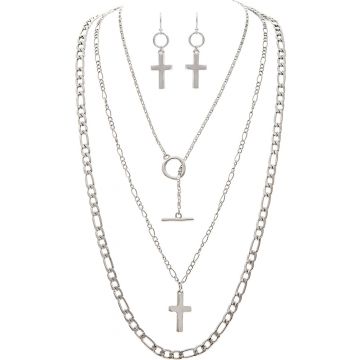Silver Layered Cross Necklace Set