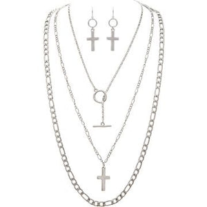 Silver Layered Cross Necklace Set