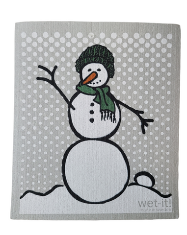 Snowman with Green Stocking Swedish Dishcloth