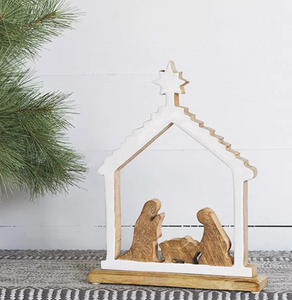 White Enamel & Wood Nativity Scene