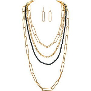 Gold Black Bead Four Layer Chain Necklace Set